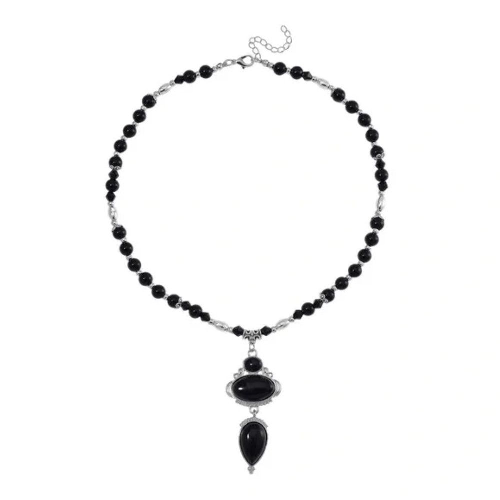 NIB NWT Black Obsidian 190.00 ctw & Black Glass Necklace in Silvertone 20 Inches - Picture 2 of 3